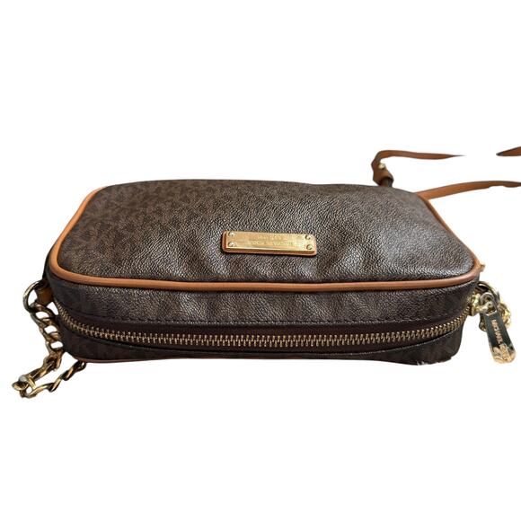 Michael Kors Jet Set Brown MK Signature Crossbody Bag Leather Trim Gold Hardware - Picture 8 of 13